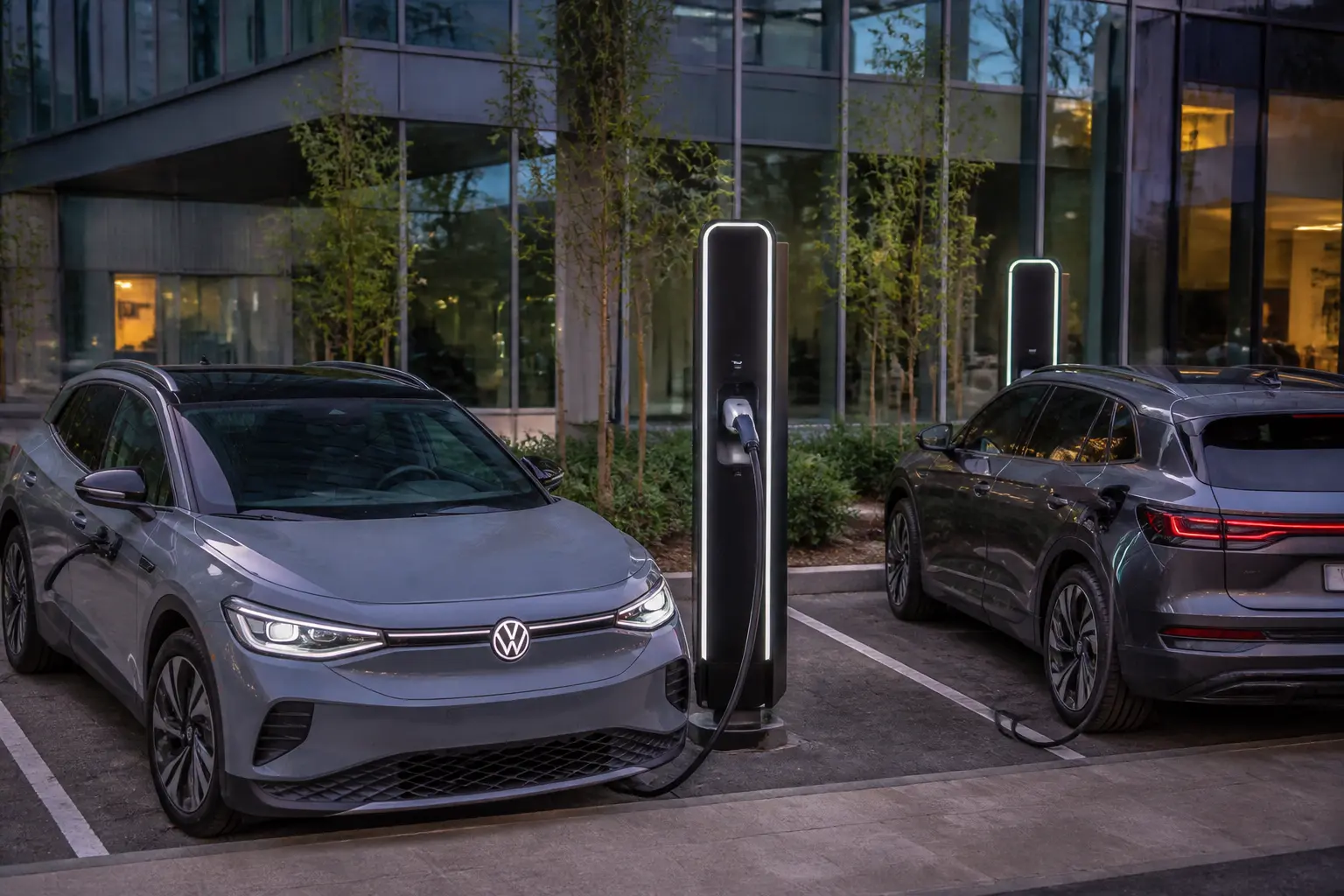 Электромобили Volkswagen ID.4и Audi e-tron на зарядной станции