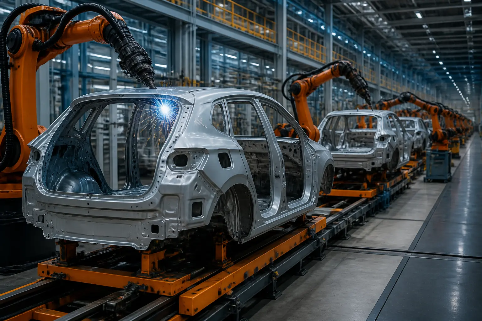 Сучасна лінія складання кузовів на автомобільному заводі