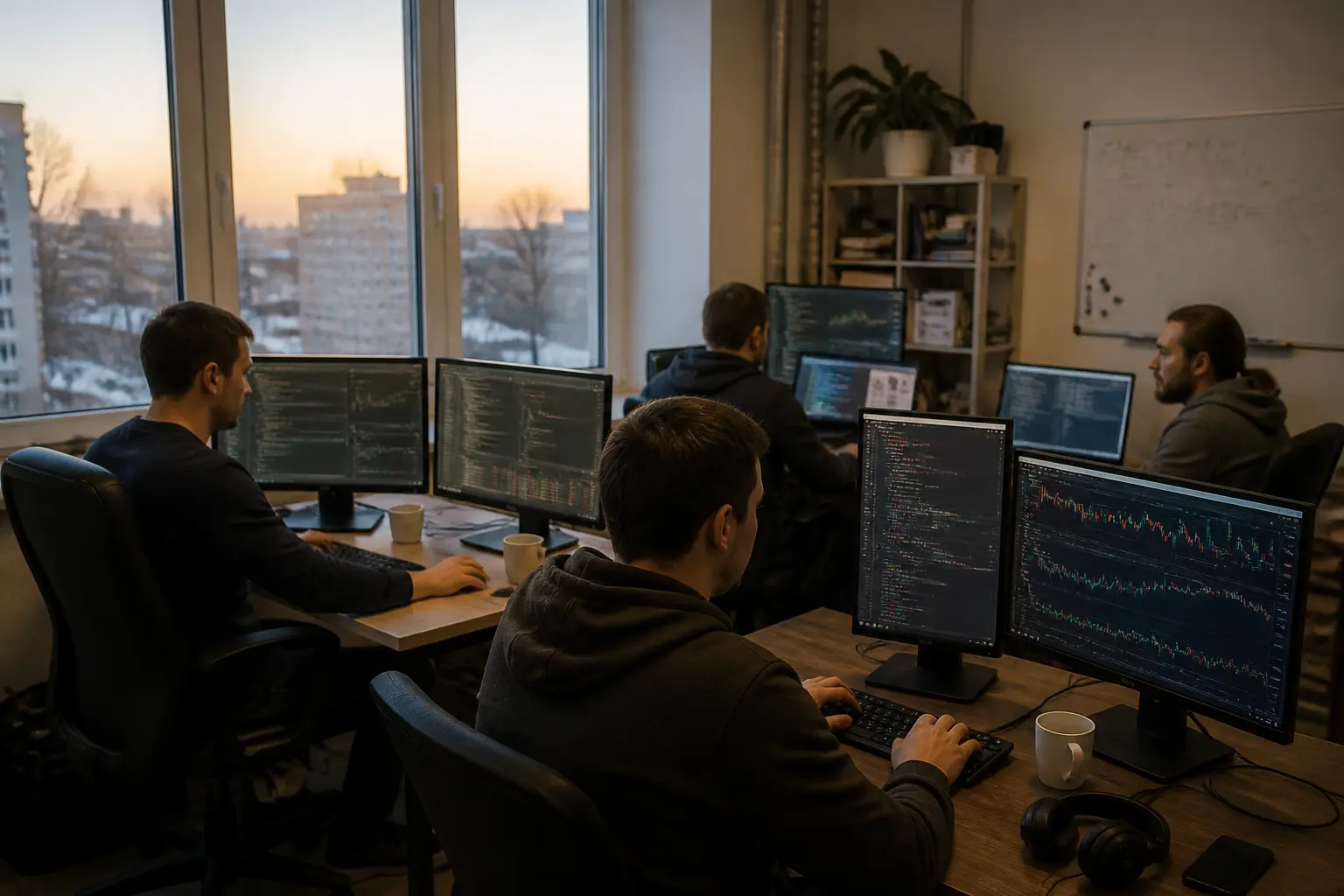 Команда розробників у стартап-офісі працює над торговою платформою