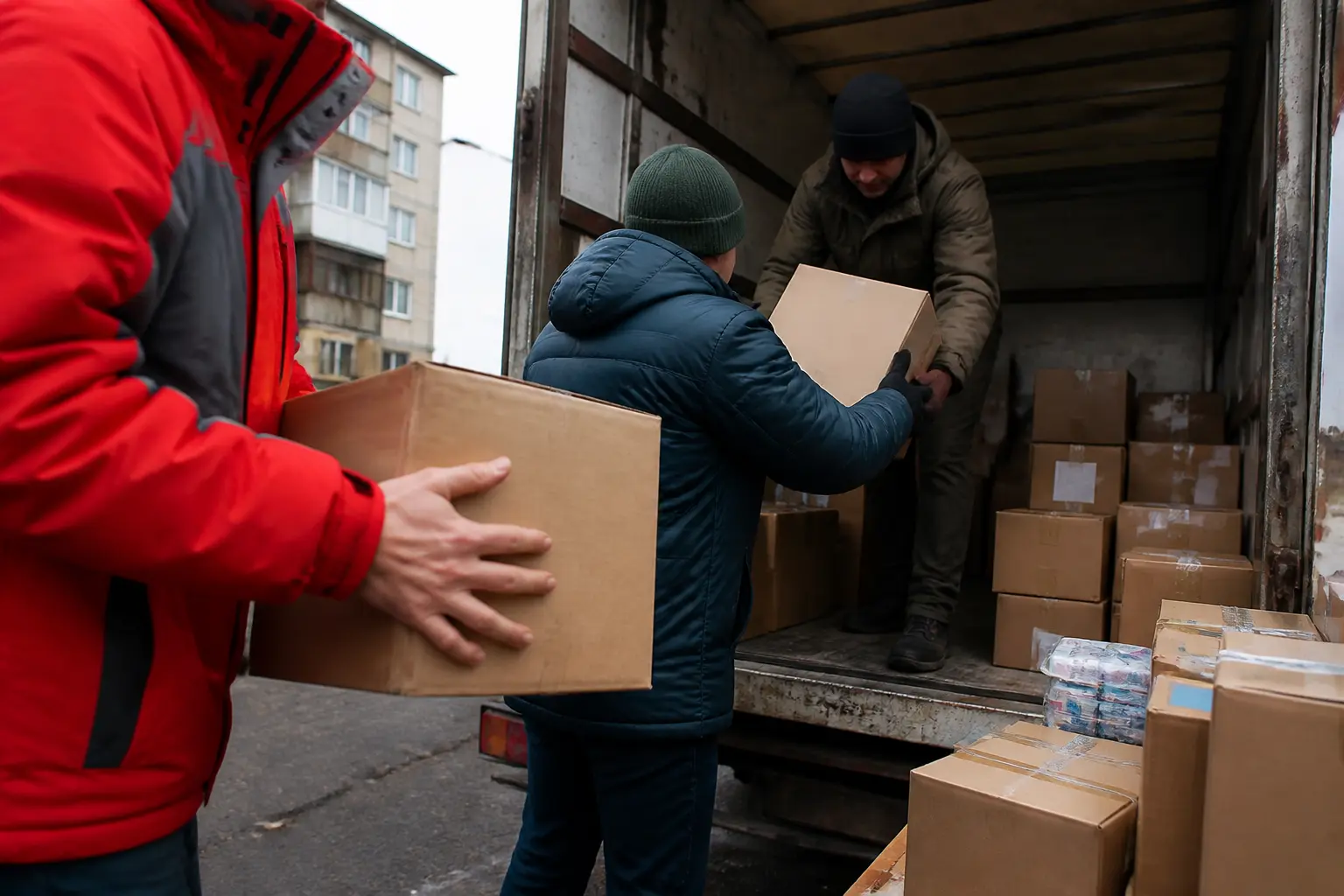 Завантаження гуманітарних коробок у вантажівку біля поштового відділення