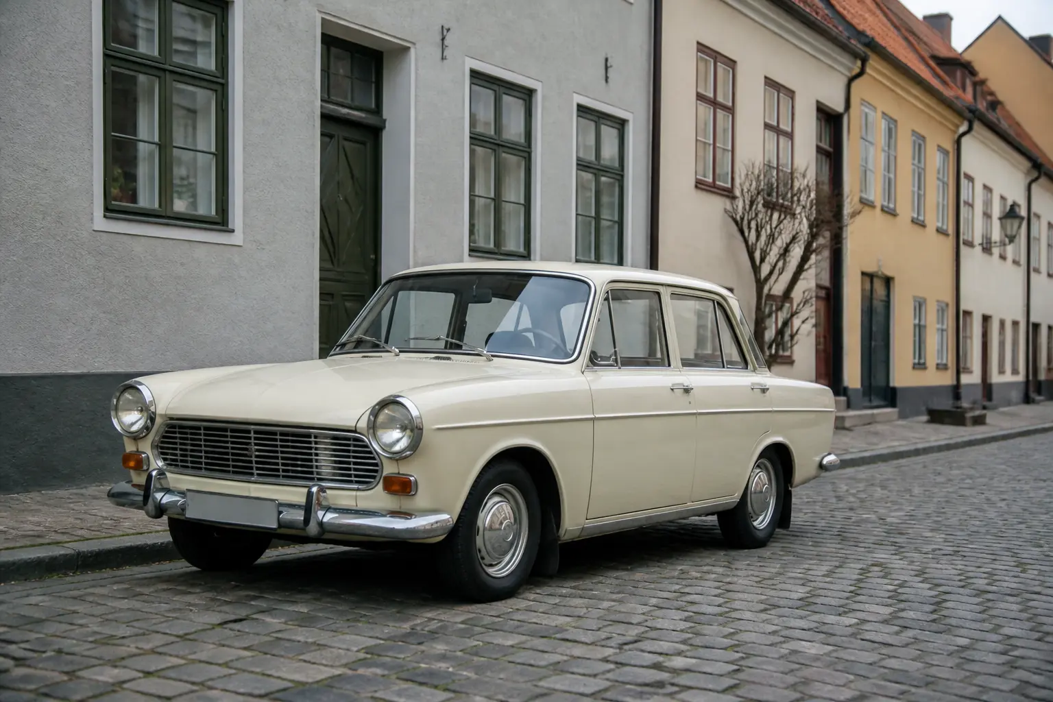 Классический европейский седан 1960-х годов на улице скандинавского города
