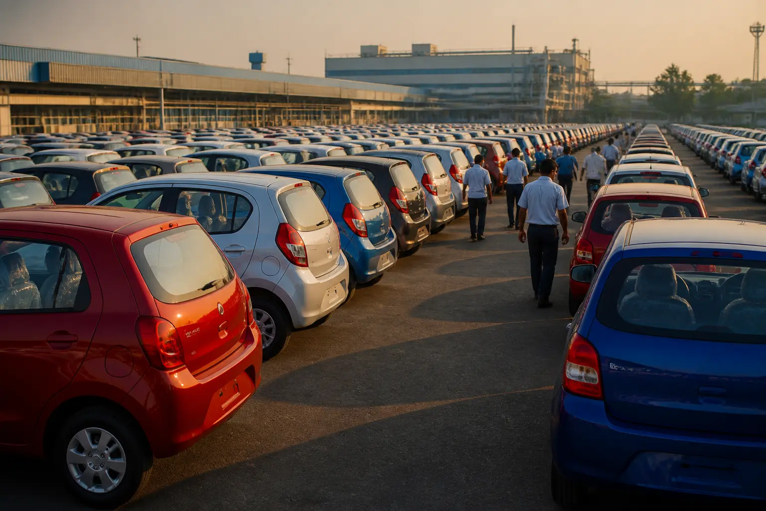 Ряди компактних недорогих автомобілів на території заводу в Індії