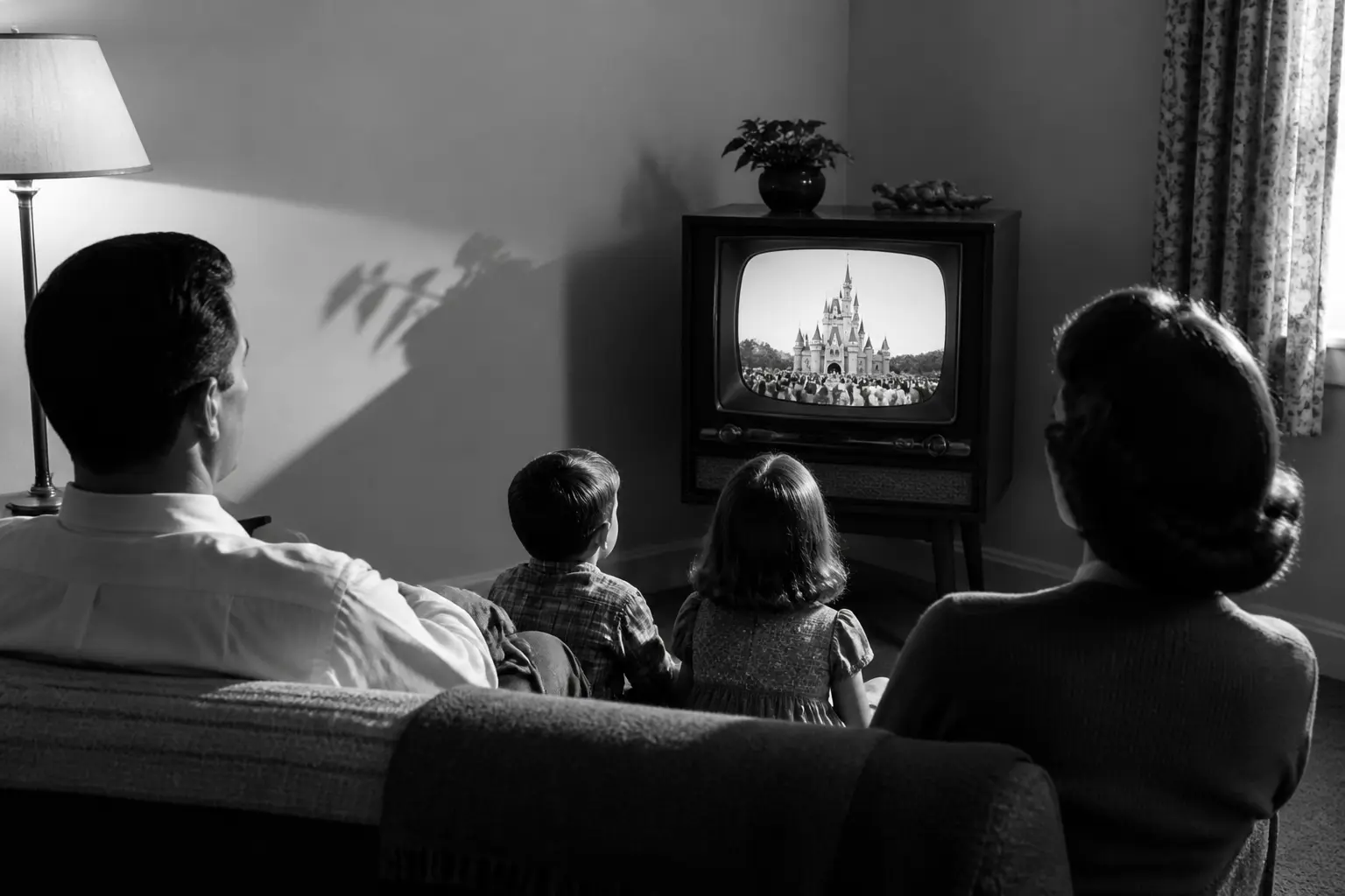 Американська родина 1950-х дивиться чорно-білий телевізор у вітальні