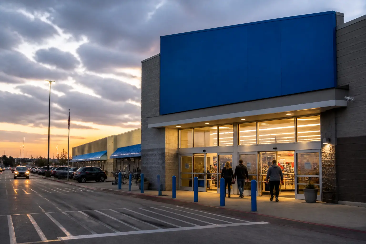 Фасад великого магазину Walmart у вечірньому освітленні
