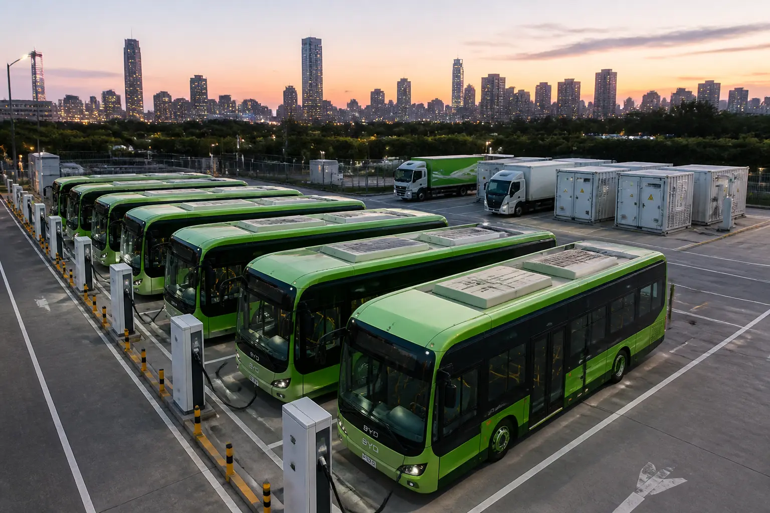 Электрические автобусы BYD заряжаются в депо на фоне городского пейзажа