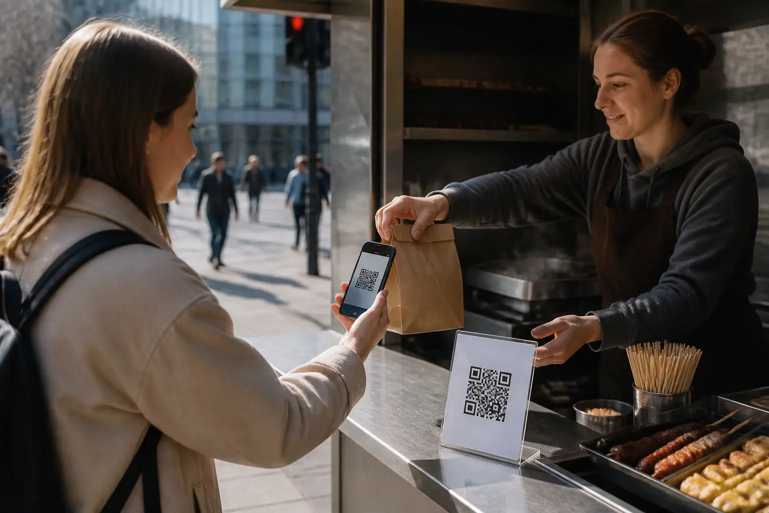 Покупець оплачує покупку скануванням QR-коду на смартфоні