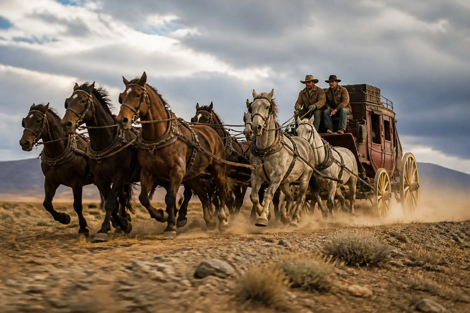 Исторический дилижанс Wells Fargo в прерии XIX века