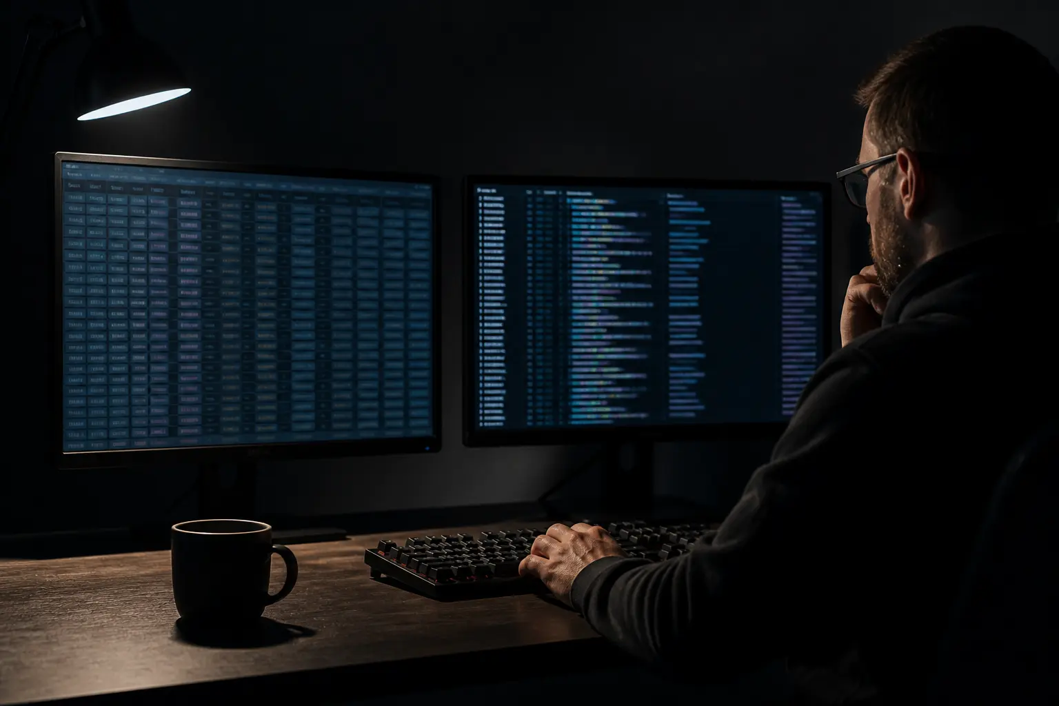 Два монитора с таблицами данных для автоматизированной работы через API
