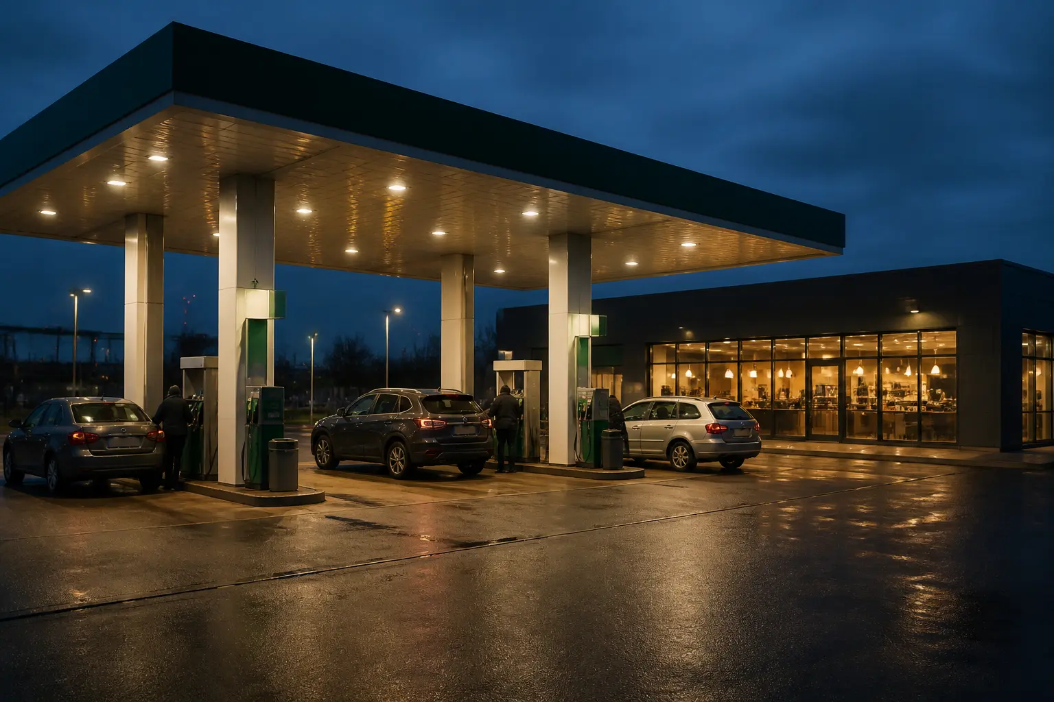 Сучасний автозаправний комплекс української мережі ввечері