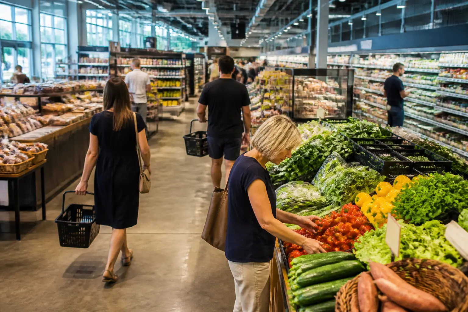 Интерьер современного продуктового супермаркета со свежими продуктами