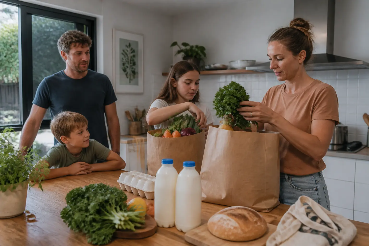 Австралийская семья распаковывает продукты на кухне