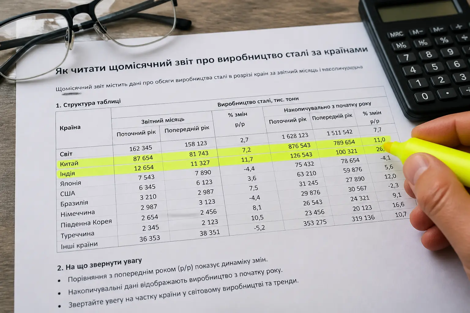 Друкований звіт про виробництво сталі з виділеними рядками та калькулятором