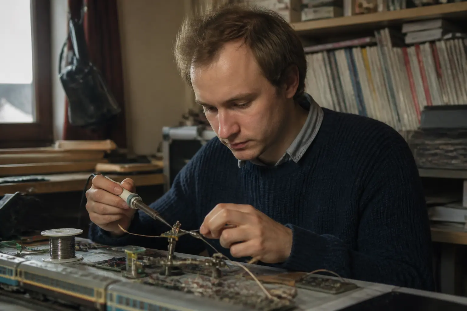 Молодий Тім Бернерс-Лі за роботою над електронною схемою для залізничного макета