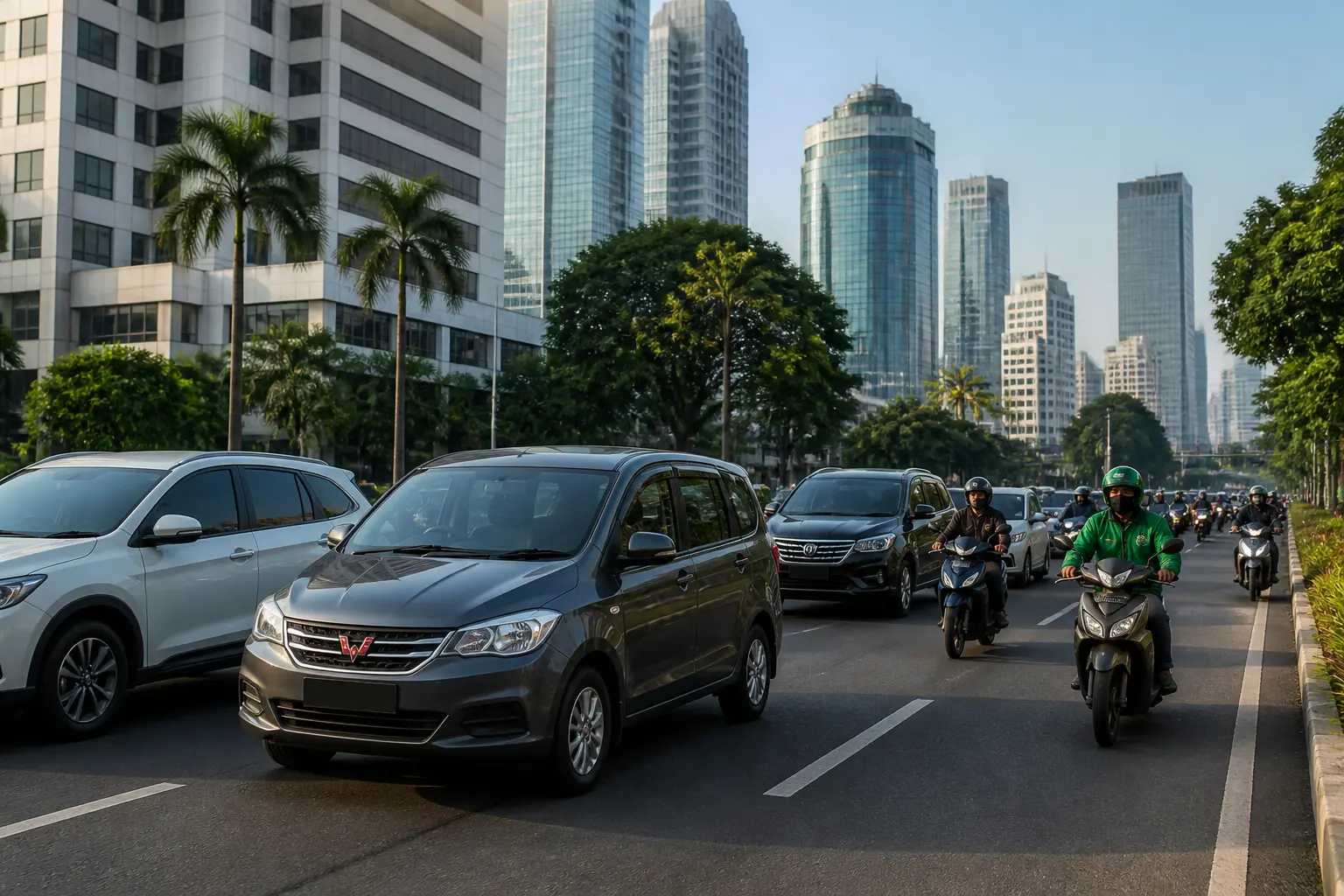 Вуличний рух у Джакарті з автомобілем Wuling Confero