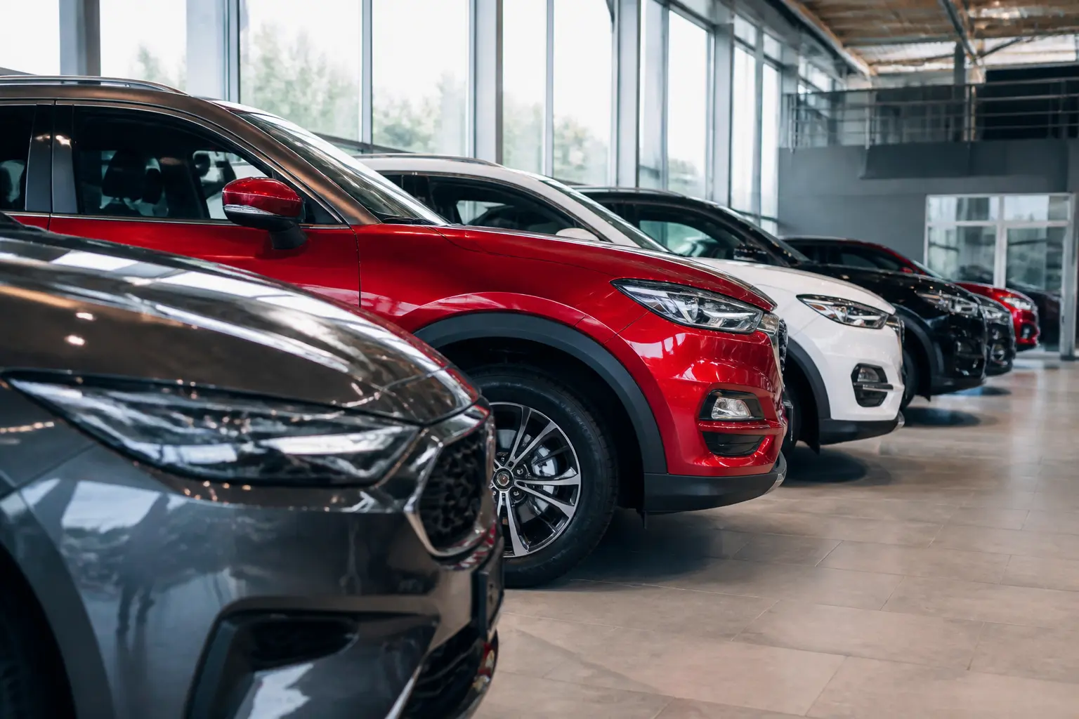 Сучасний автосалон з кількома моделями автомобілів у ряд