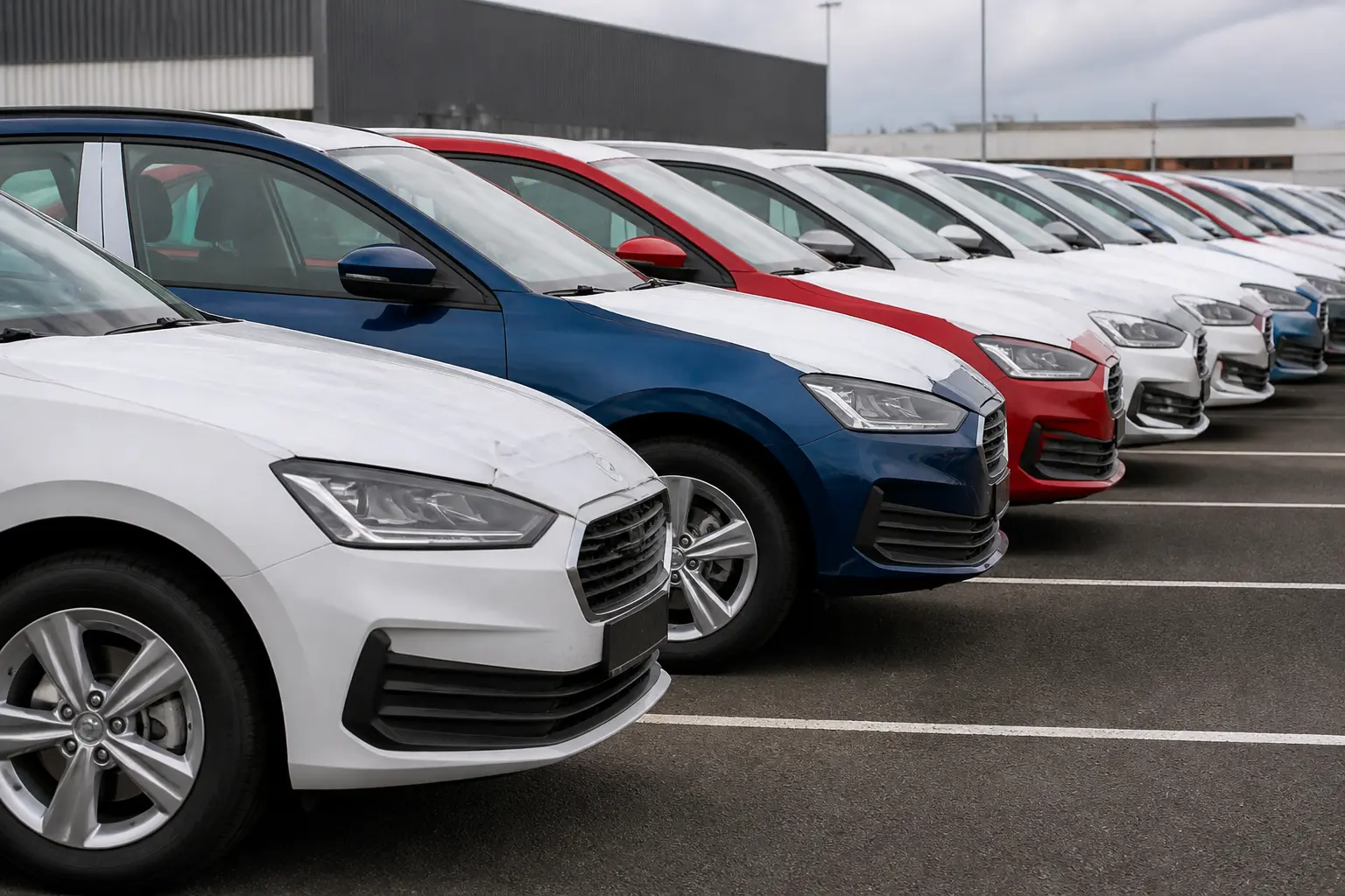 Ряд нових автомобілів на майданчику перед реєстрацією