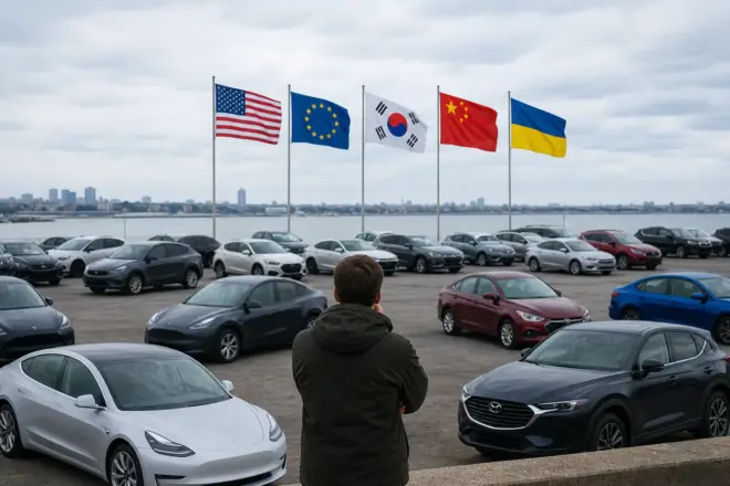 Автомобілі та прапори США, ЄС, Південної Кореї, Китаю й України — умовна ілюстрація напрямків торгівлі