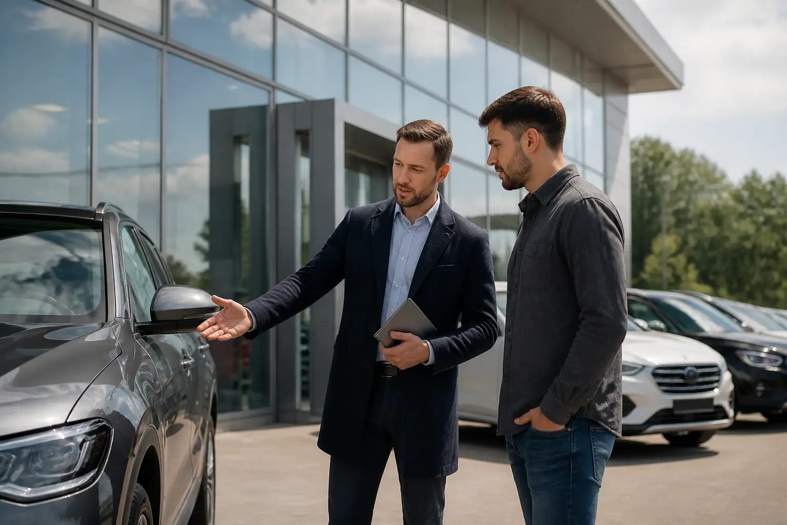 Сучасний автосалон ззовні, покупець і продавець біля автомобіля