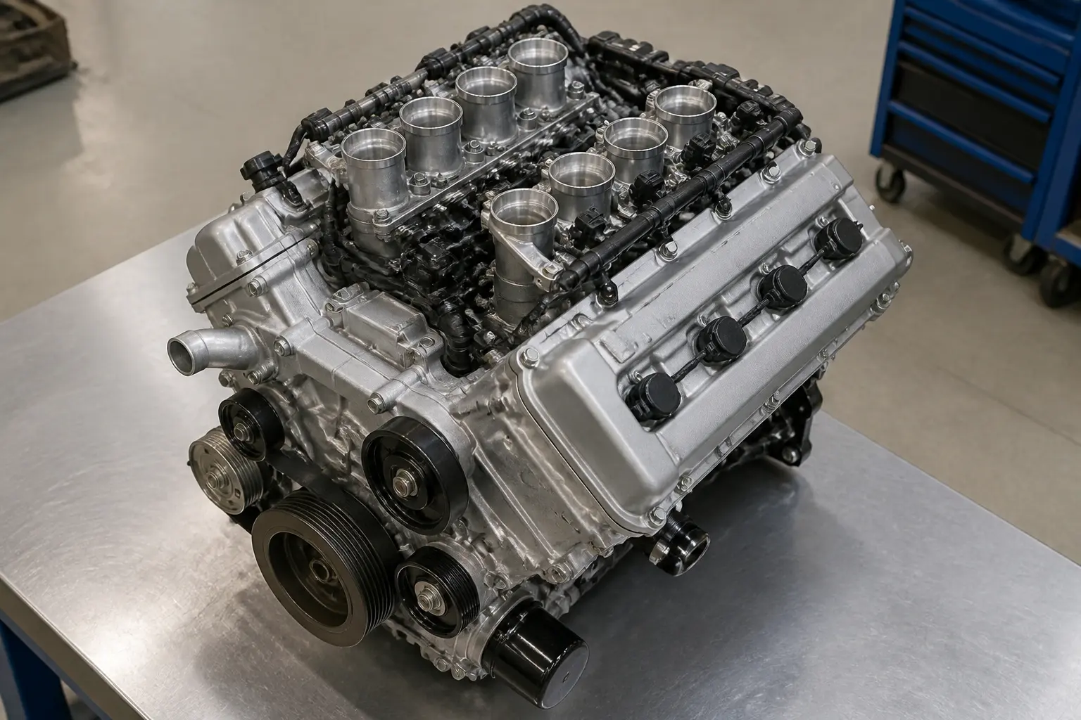 Алюмінієвий двигун V6, розроблений Yamaha, на верстаку в майстерні