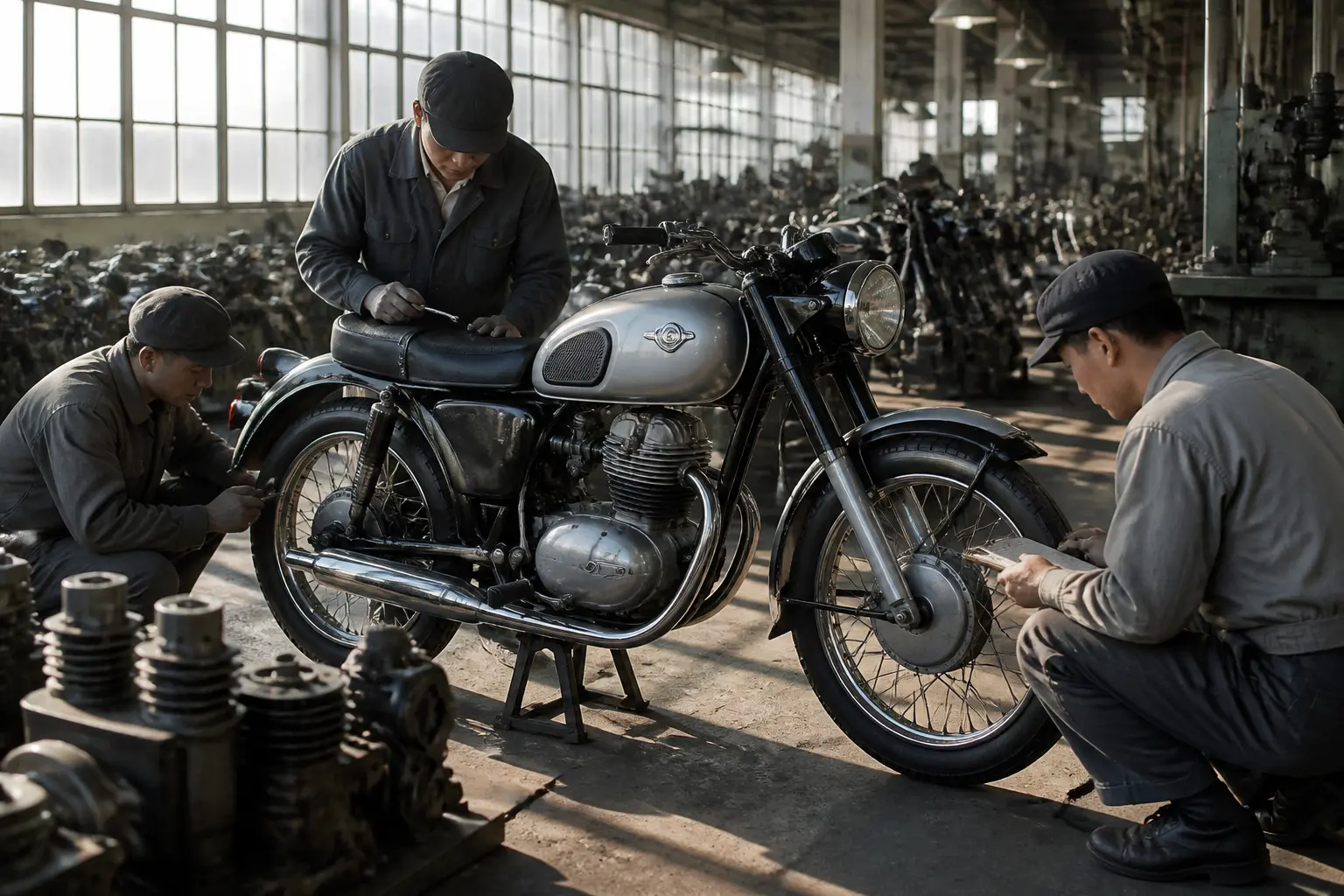 Інженери оглядають ранній мотоцикл Yamaha YA-1 на заводі 1950-х років