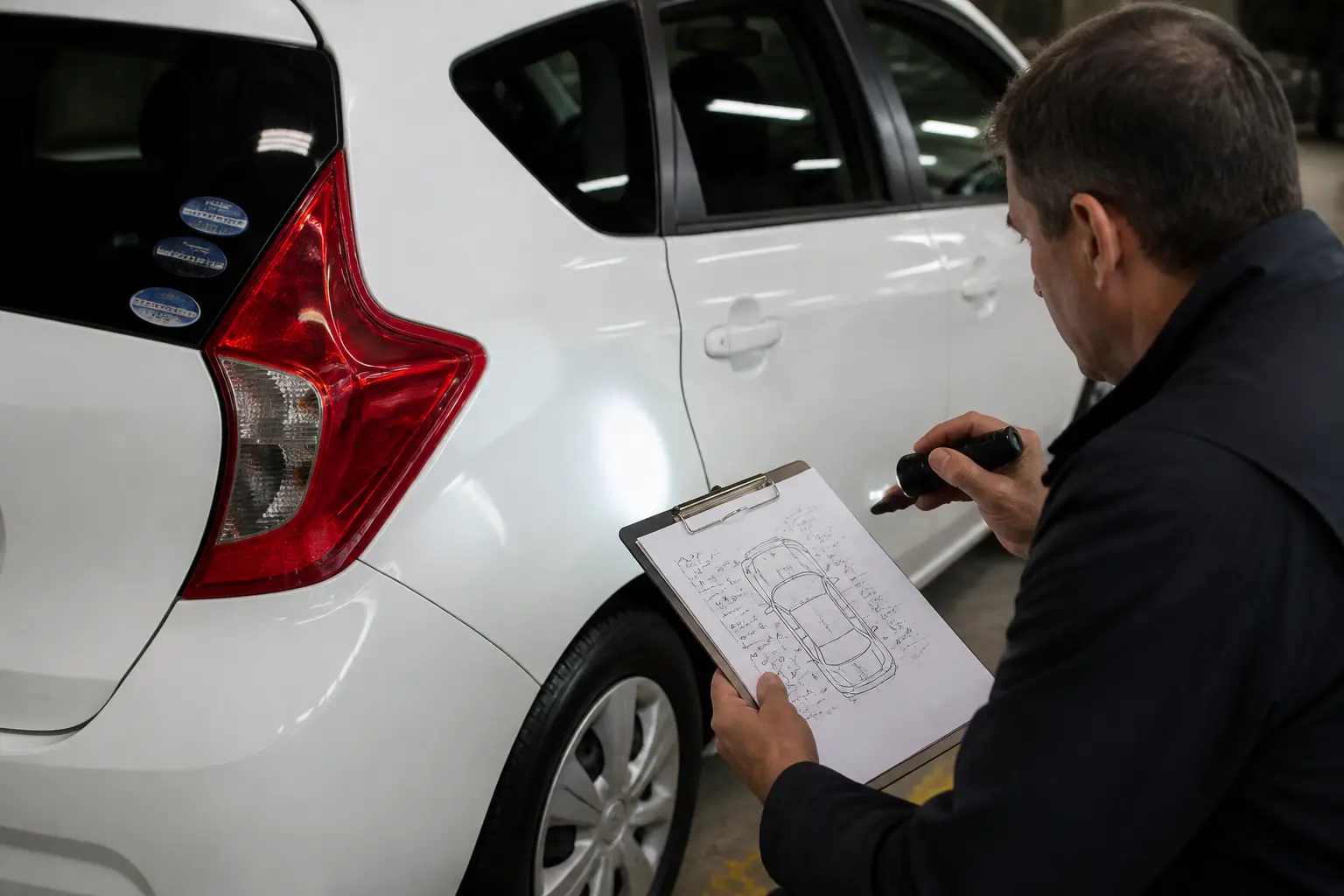 Інспектор аукціону оглядає автомобіль перед заповненням auction sheet