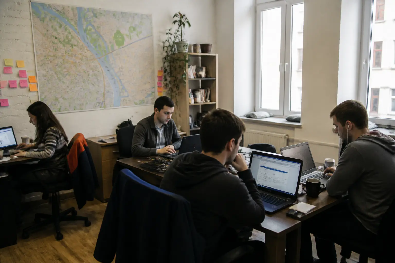 Невелика команда стартапу працює в офісі над онлайн-сервісом
