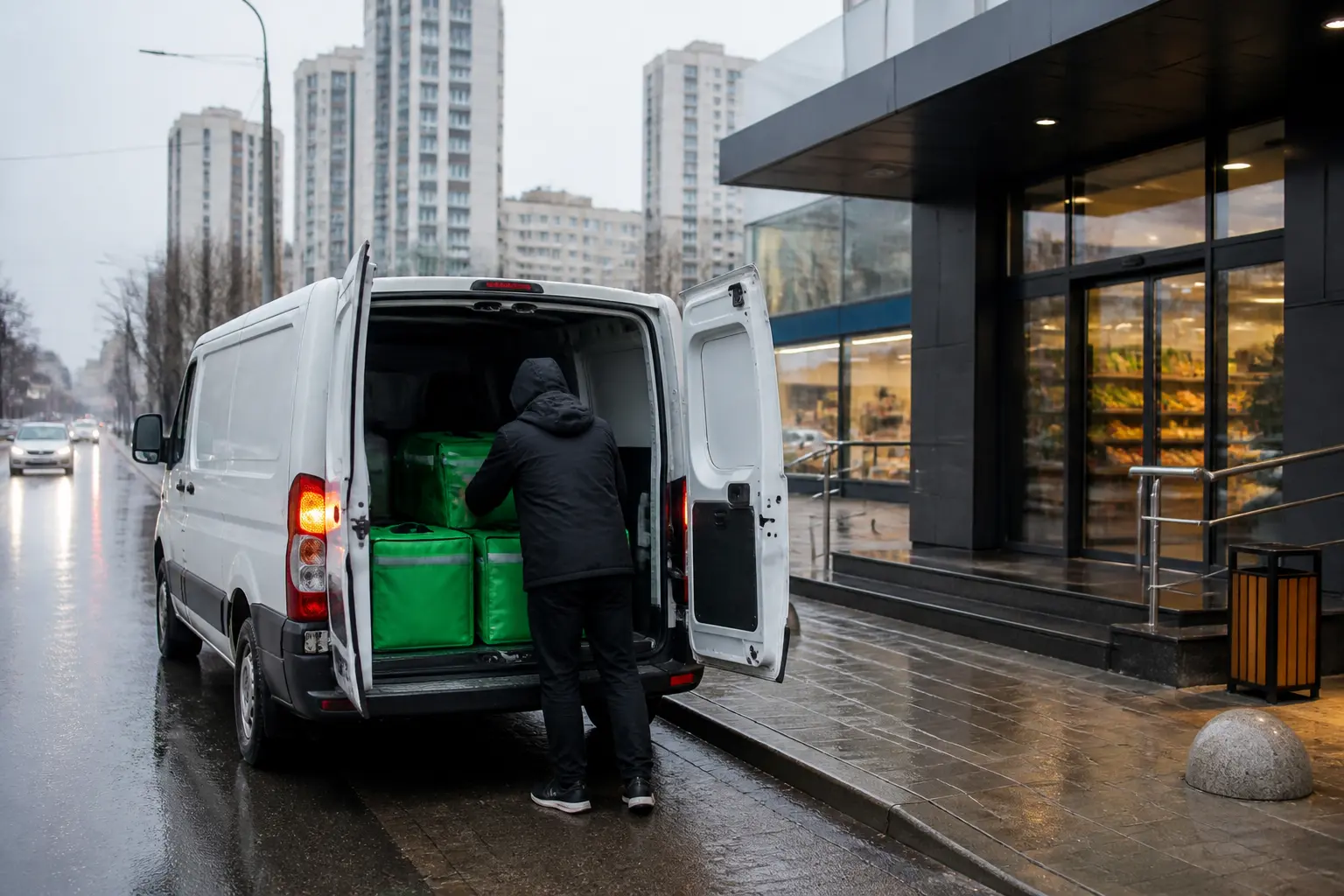Авто доставки продуктів біля входу в супермаркет