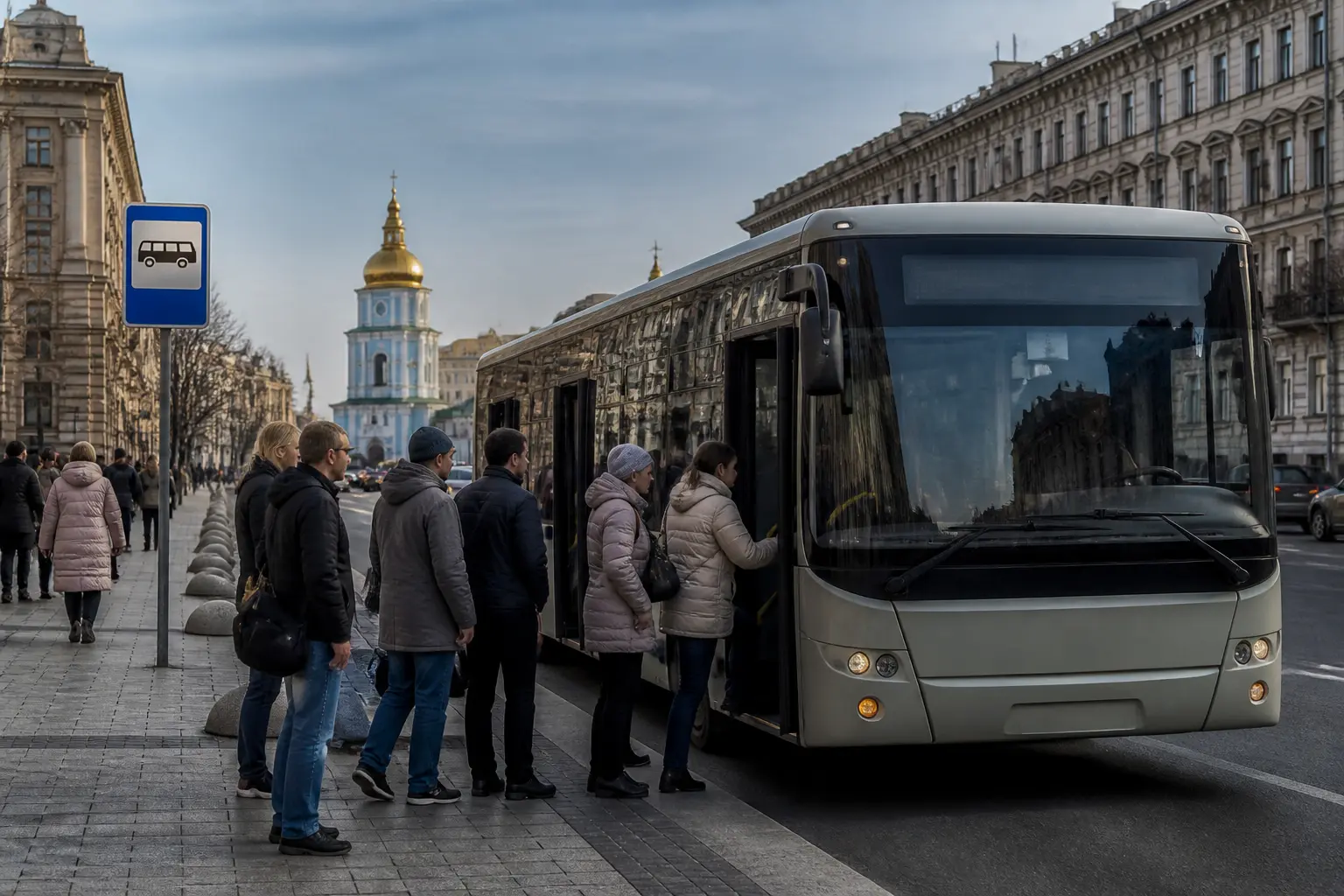 Міський автобус на зупинці в українському місті