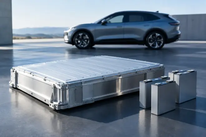 Умовний акумуляторний блок та елементи батареї на тлі електромобіля