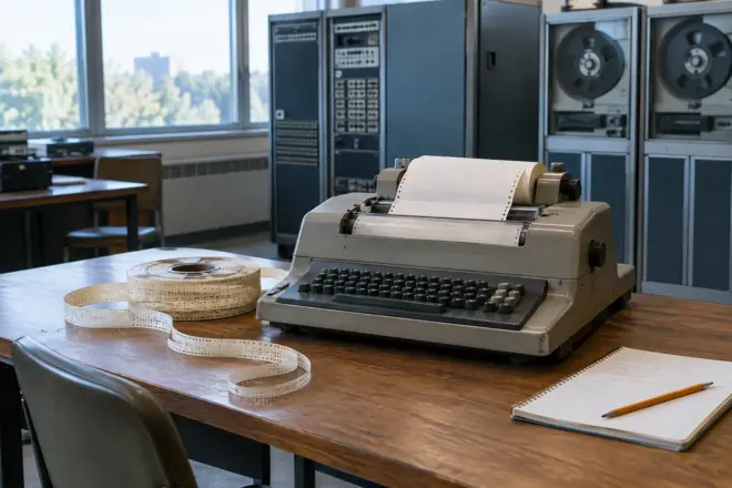 Умовна реконструкція робочого місця програміста 1970-х із телетайпом і перфострічкою