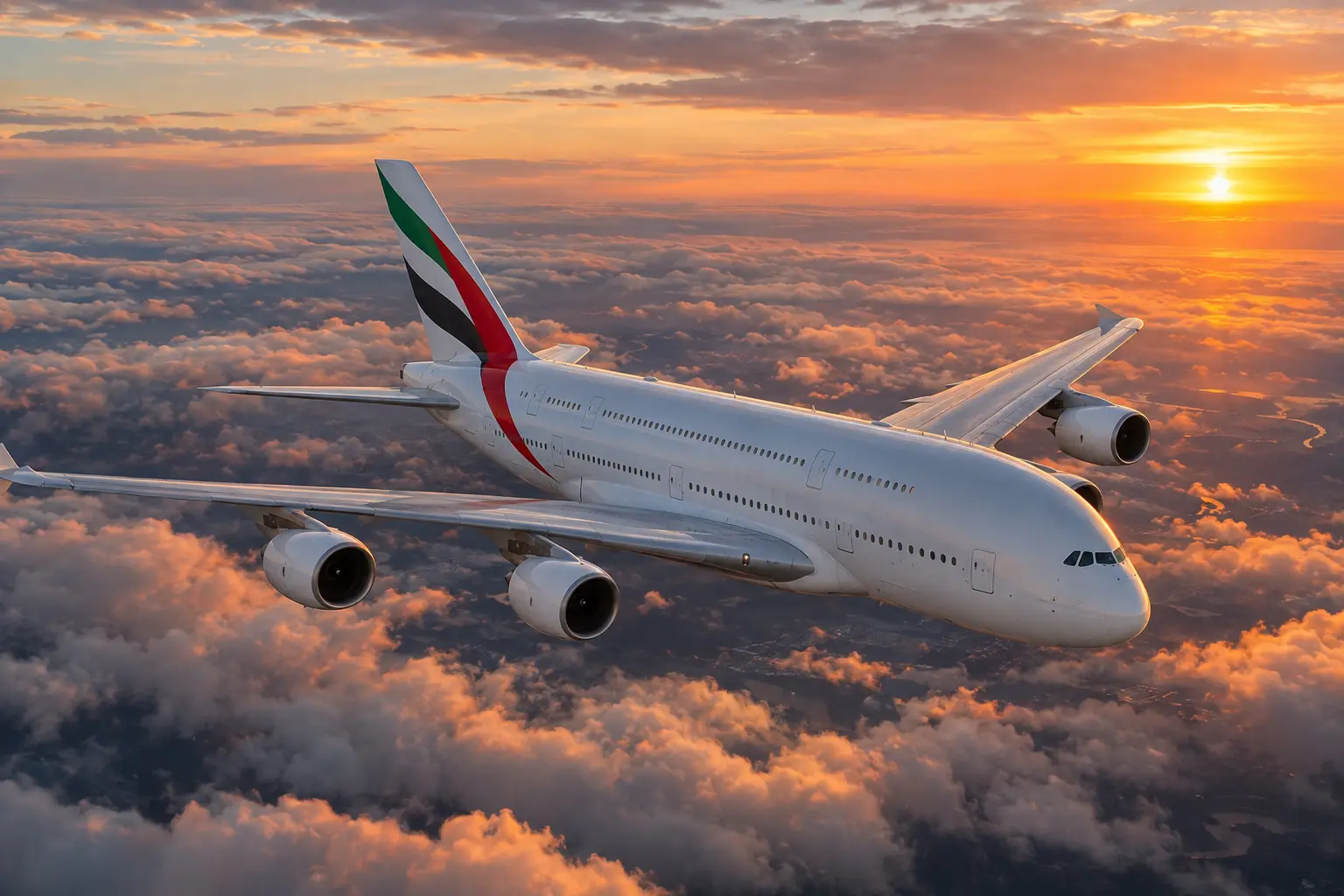 Airbus A380 авіакомпанії Emirates у польоті над хмарами