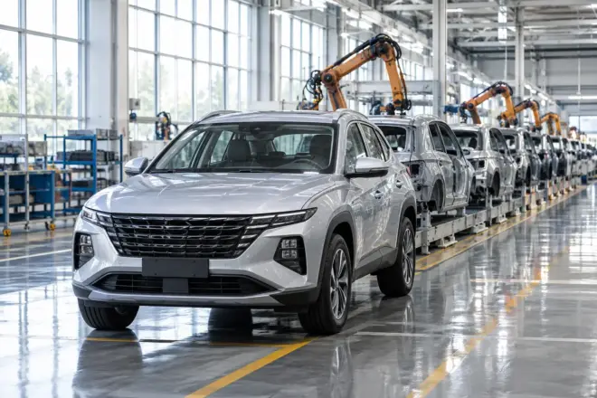 Умовна ілюстрація сучасного автомобільного заводу з кросовером і складальною лінією