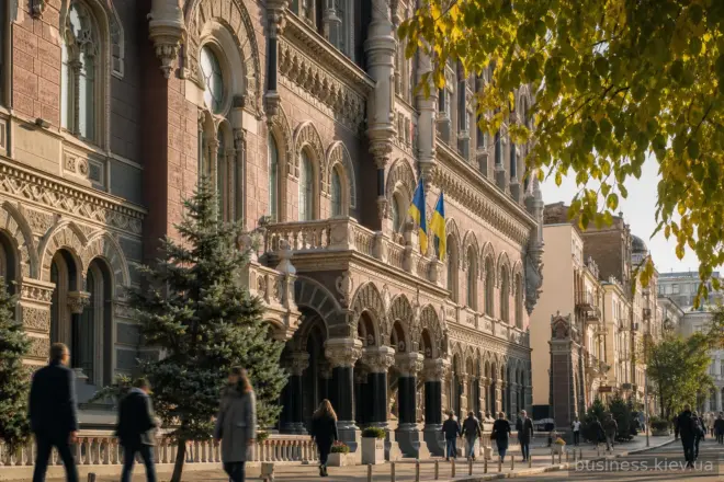 Фасад Національного банку України в Києві на світанку, люди проходять повз